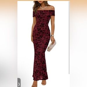 Off-Shoulder Burgundy Floral Maxi Dress